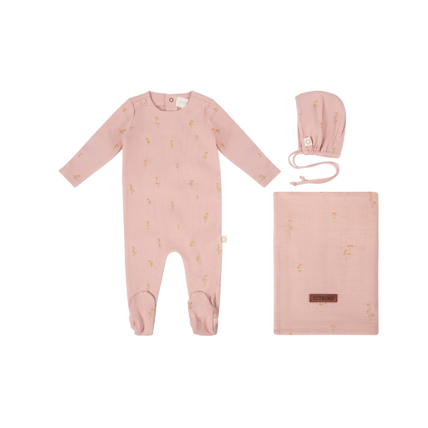 Citrine Pink Tonal Stem Flower Layette Set