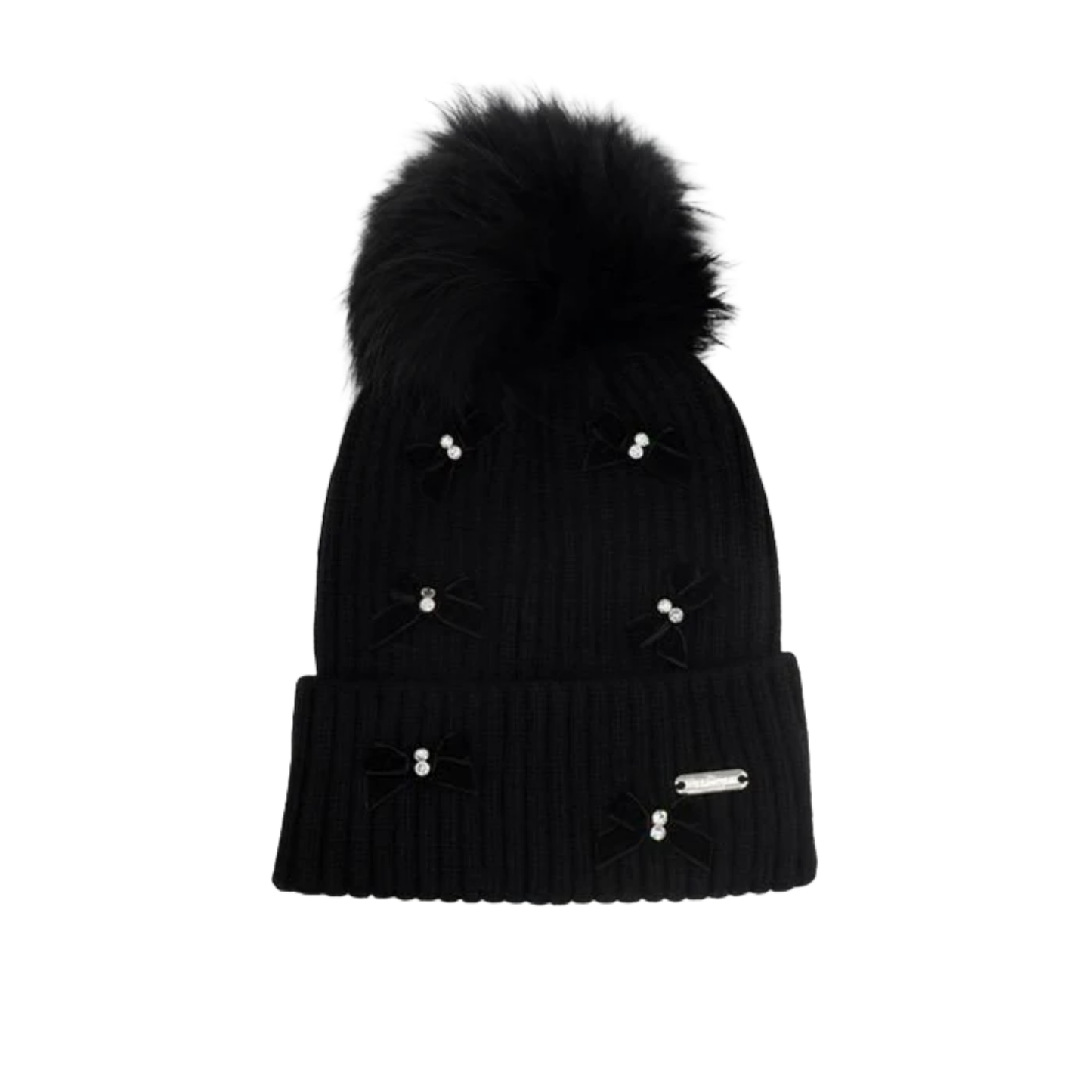Bari Lynn Black Crystallized Velvet Bow Ribbed With Fur Hat