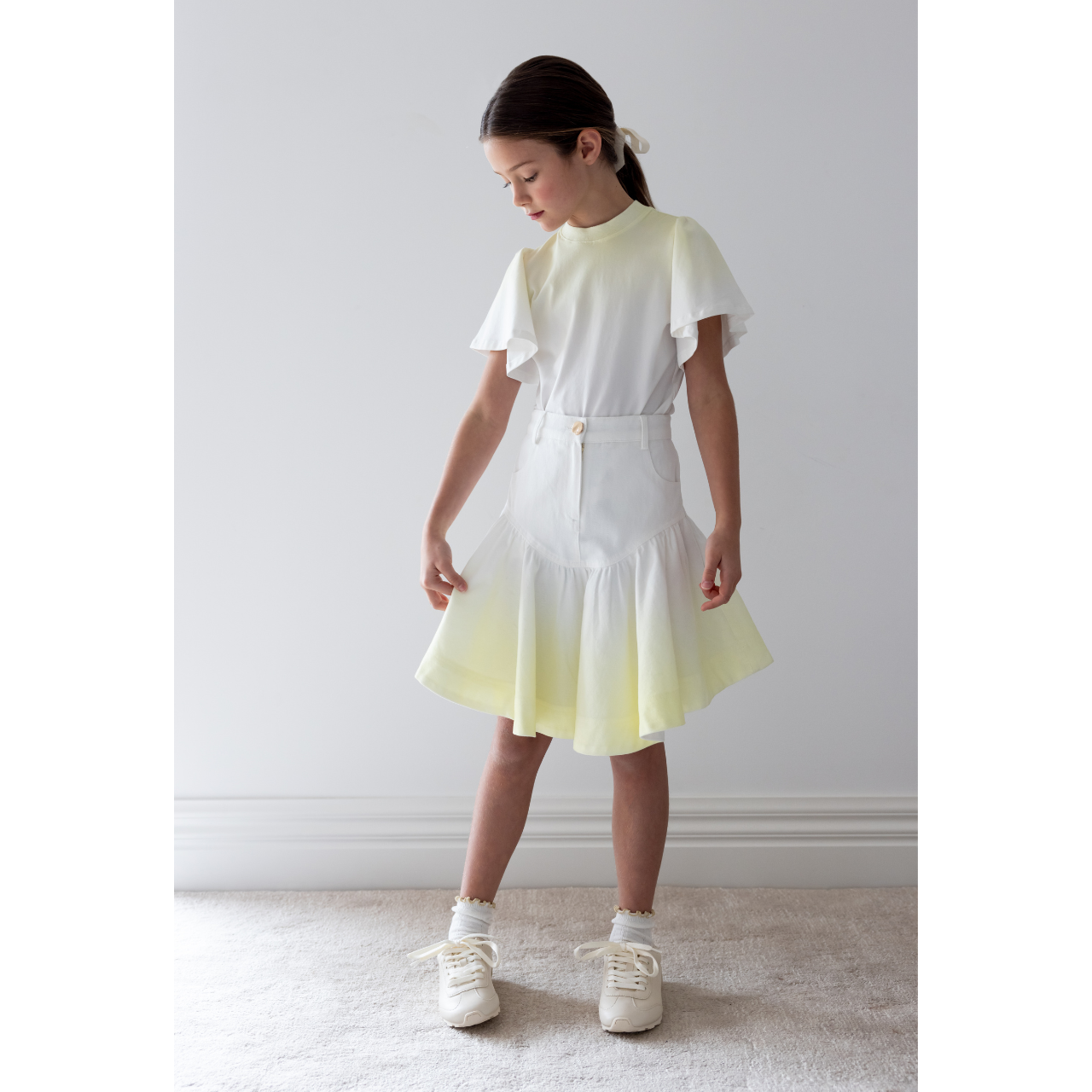 Steph The Label Yellow Tye Dye Fluted Hem Denim Skirt