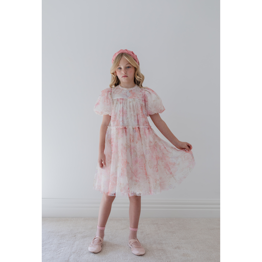 Petite Amalie Colorful Pink Delicate Bouquet Tulle Dress