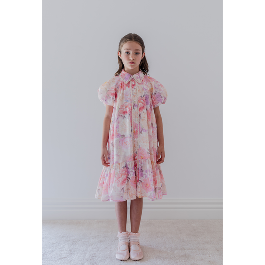 Petite Amalie Orange/Pink Elbow Sleeve Dahlia Print Shirt Dress