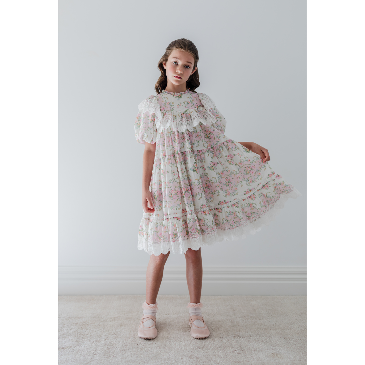 Petite Amalie Pink/White Elbow Sleeve Vintage Wallpaper Lace Ruffle Dress