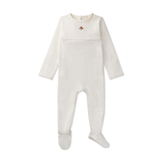 MiniMoi Waffle Footie with Embroidered Flower Bud