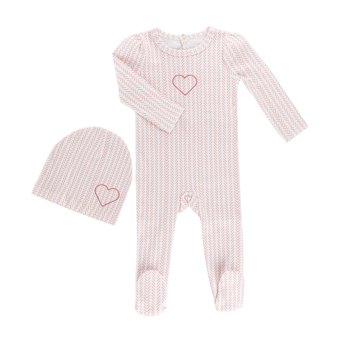 Little Label Pink Heart Herringbone Baby Footie & Hat Set