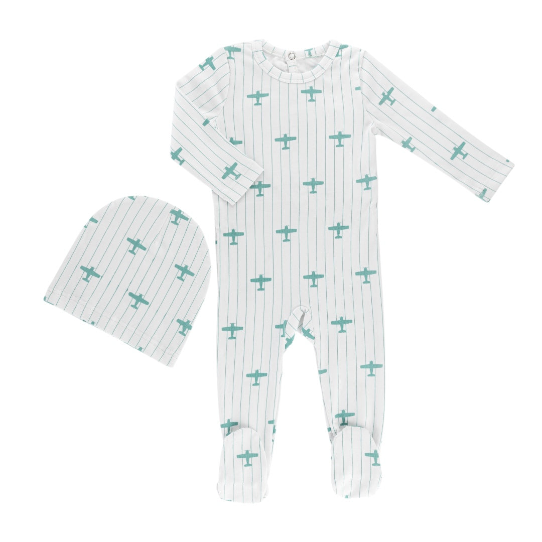 Little Label Light Blue Airplane Printed Footie & Hat Set