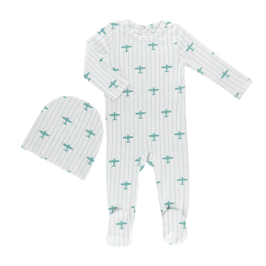 Little Label Light Blue Airplane Printed Footie & Hat Set