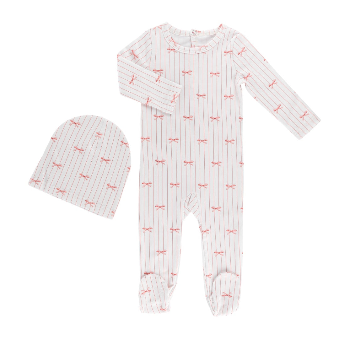 Little Label Pink Bows Printed Footie & Hat Set