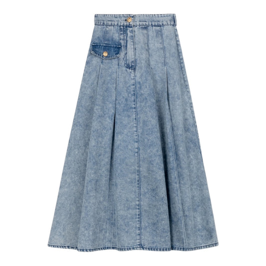Vibe Denim Single Pocket Denim Pleated Maxi Skirt