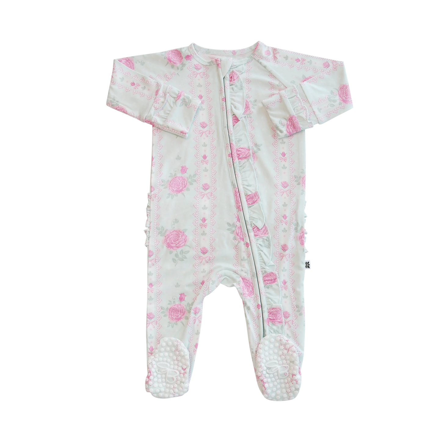 Sweet Bamboo Sage/Pink Roses and Lace Ruffle Footie