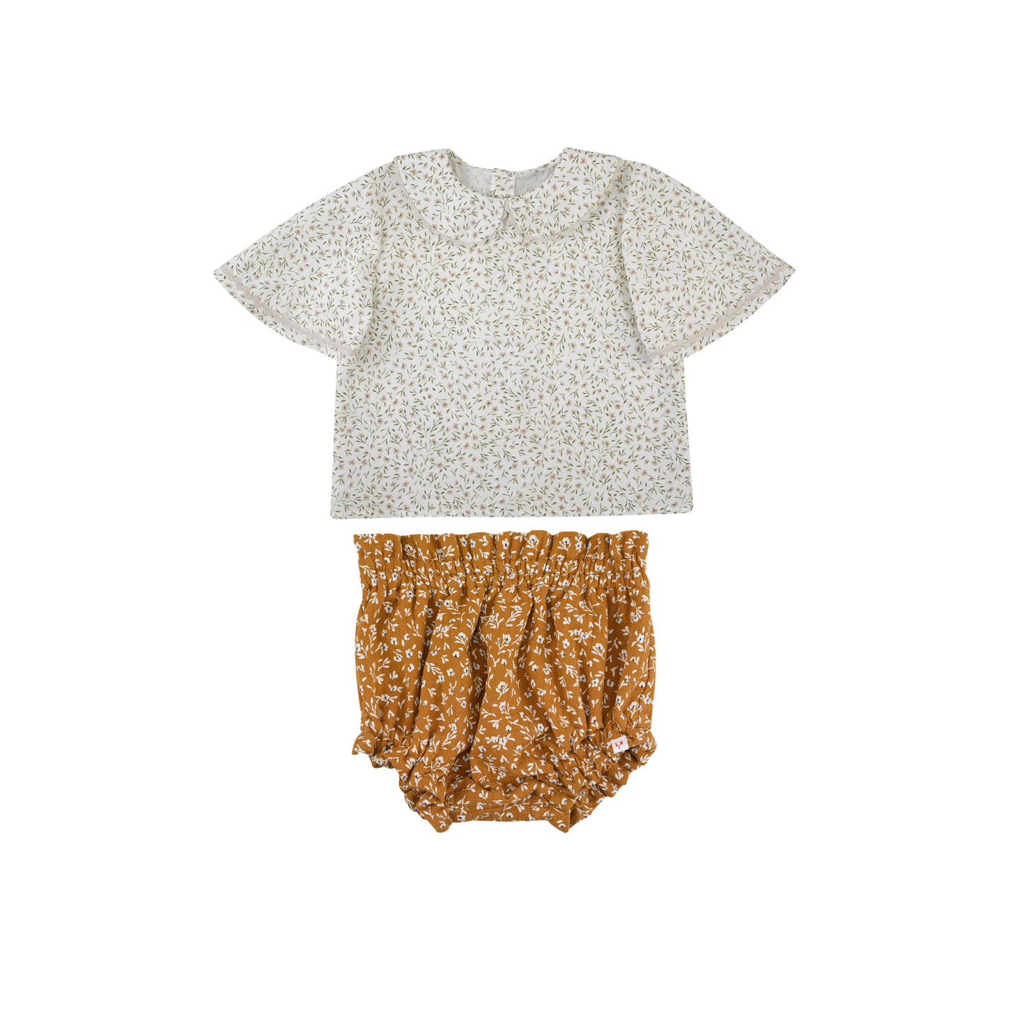 The Little Poets Green / Caramel Florbela Peter Pan Shirt Bloomer Set