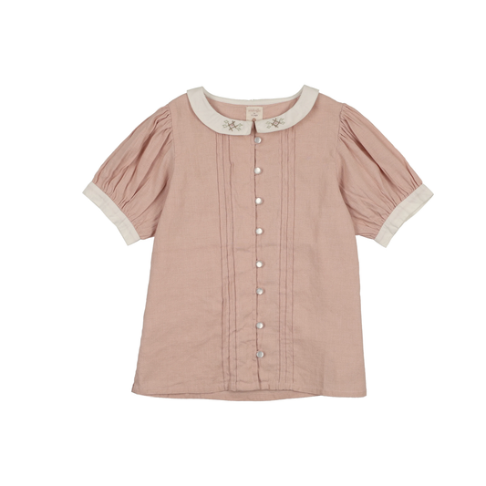 Analogie Bud Pink Pintuck Collar Blouse Short Sleeve