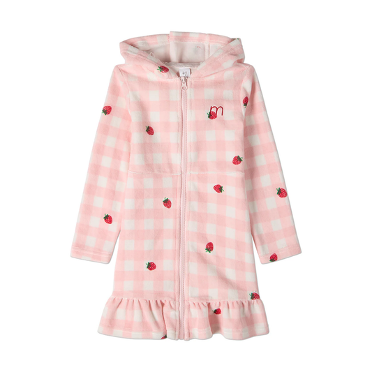 Memoi Strawberry Gingham Kids Full Zip Terry Robe