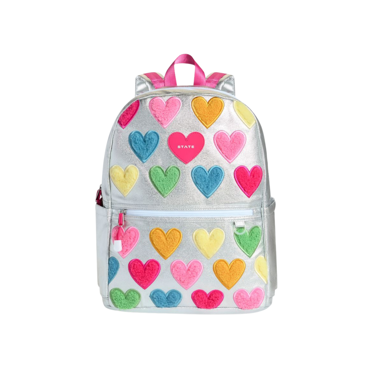 State Bags Metal Happy Fuzzy Hearts Kane Double Pocket Backpack