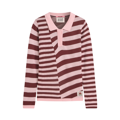 Scotch & Soda Orchid Pink/Maroon Yarn-Dyed Stripe Long Sleeve Knitted Polo Sweatshirt