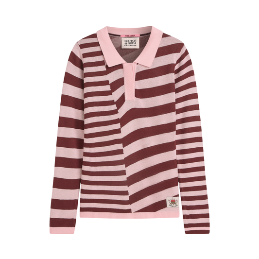 Scotch & Soda Orchid Pink/Maroon Yarn-Dyed Stripe Long Sleeve Knitted Polo Sweatshirt