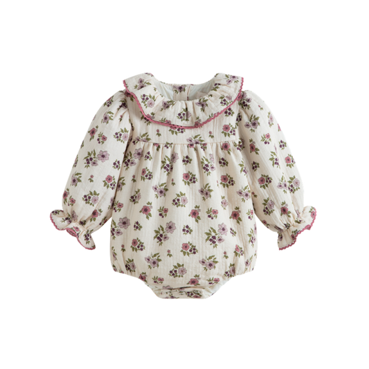 C'Era Una Volta Cream Agapi Flower Long Sleeve Romper