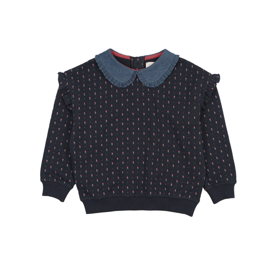 Analogie Navy Print Sweet Campaign Denim Collar Ruffle Sweatshirt