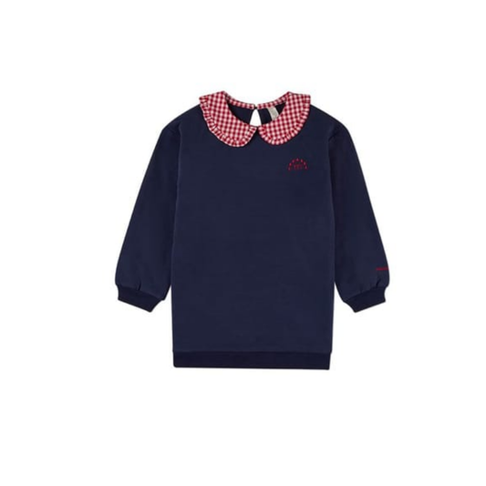MiniMoi Navy-Red Gingham Ruffled Collar Sweatshirt Dress
