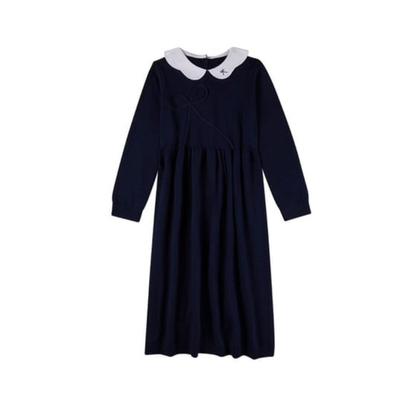MiniMoi Navy-White Bow Accent Collar Pop Long Dress