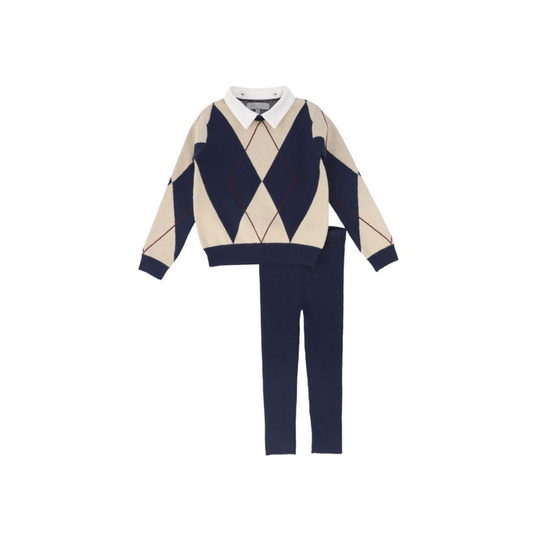 Bace Navy Collared Argyle Sweater Set