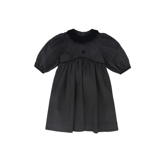 Bamboo Black Taffeta Velvet Collar Puff Sleeve Dress