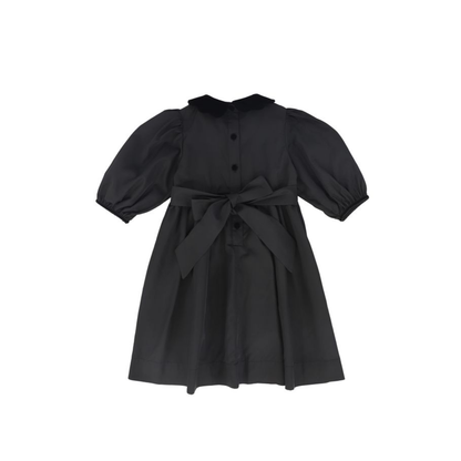 Bamboo Black Taffeta Velvet Collar Puff Sleeve Dress