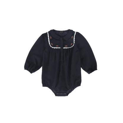 Bamboo Navy Embroidered Trim Collar Romper