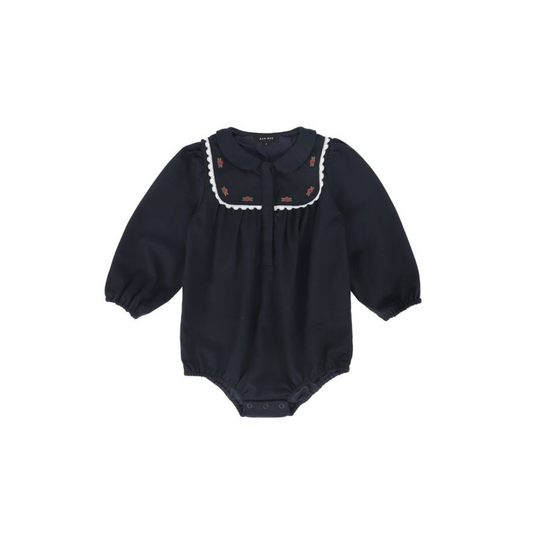 Bamboo Navy Embroidered Trim Collar Romper
