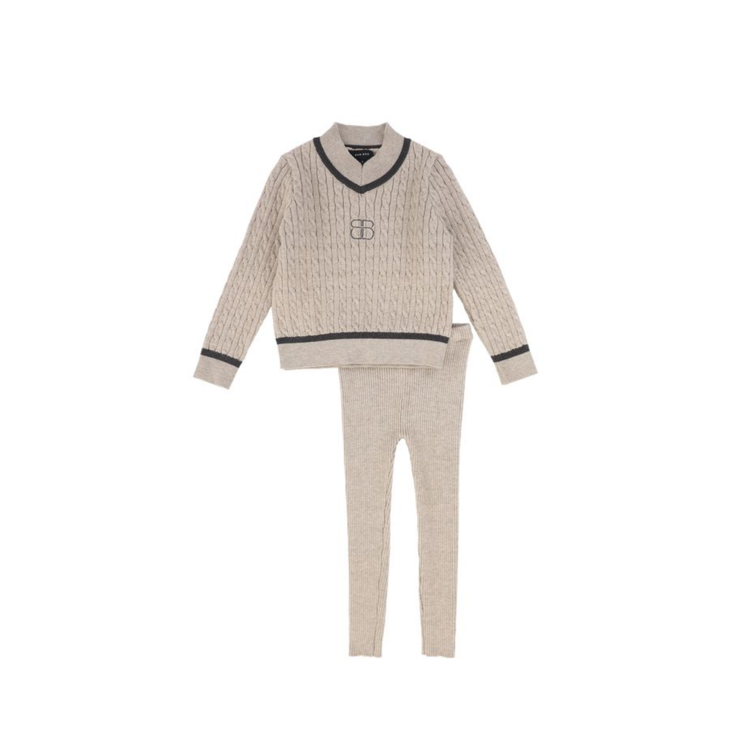 Bamboo Beige Cable-Knit Stripe Trim Sweater Set
