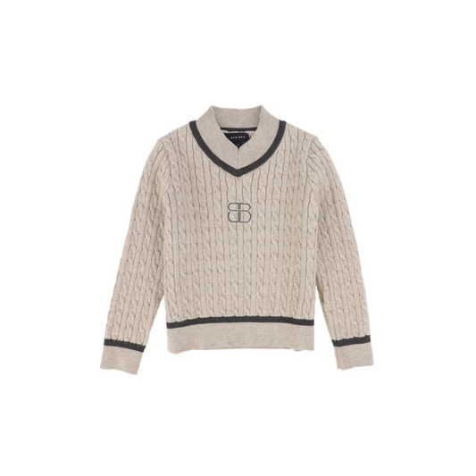 Bamboo Beige Cable-Knit Stripe Trim Sweater