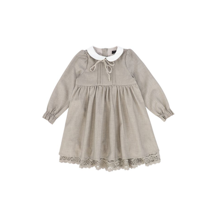 Bamboo Beige Wool Collar Pleat Front Dress