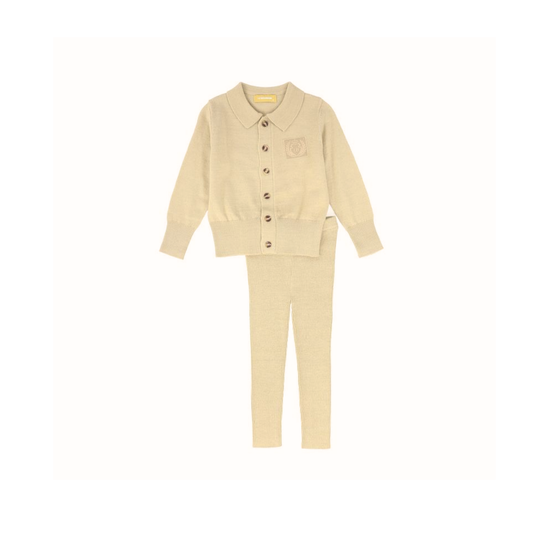 Le Bourdon Beige Logo Collared Cardigan Set