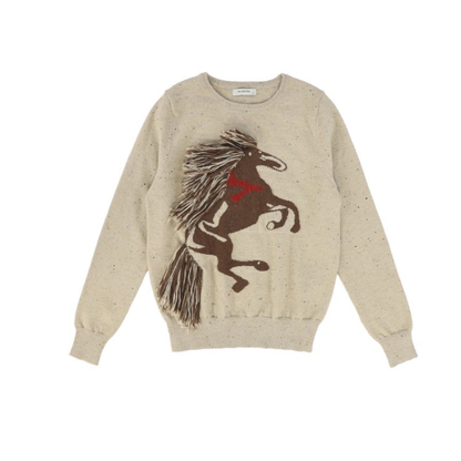 Valentina Beige Fringe Horse Embroidered Sweater