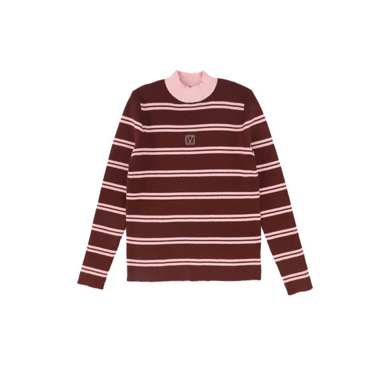 Valentina Burgundy Ribbed Knit Stripe Turtleneck
