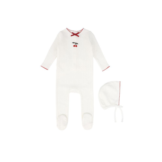 Bebe Jolee Ivory Cherry Embroidered Scallop Footie