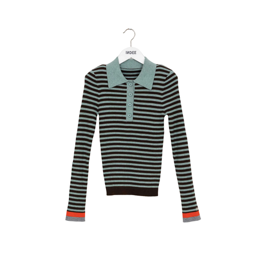 Indee Coffee Wallaby Fitted Stripped Polo Sweater