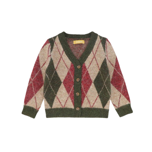 Le Bourdon Olive Argyle Knit Trim Cardigan