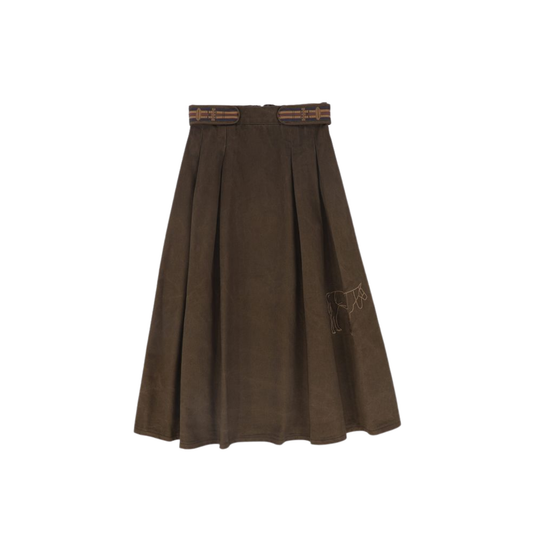 Bace Brown Denim Embroidered Pleat Skirt