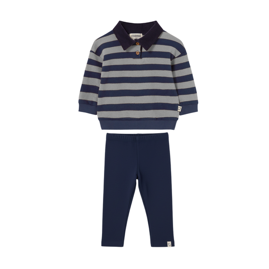 Cozmo Navy Grey Stripe Polo Leggings Set