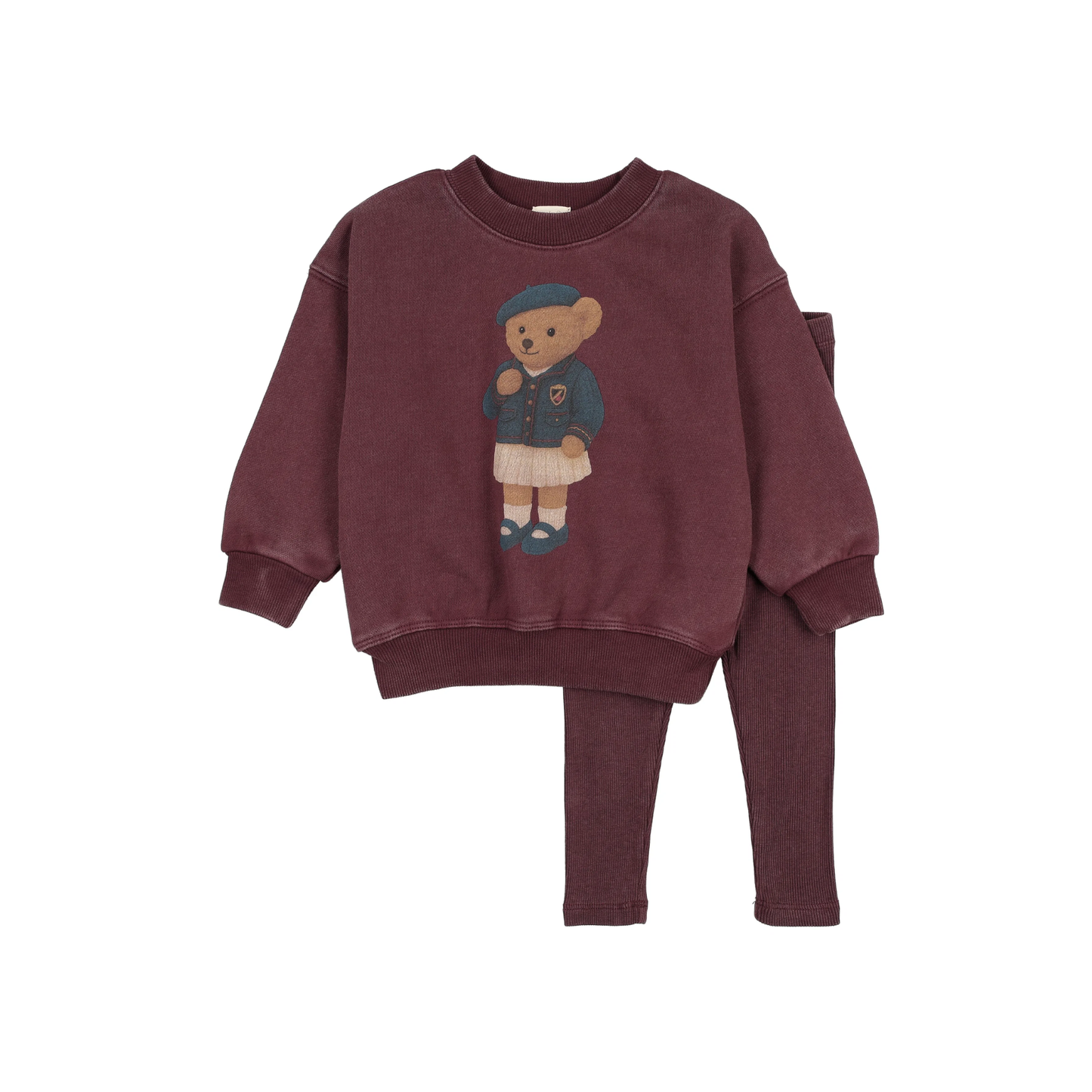 Analogie Washed Burgundy Bear Sweatshirt Set Girl