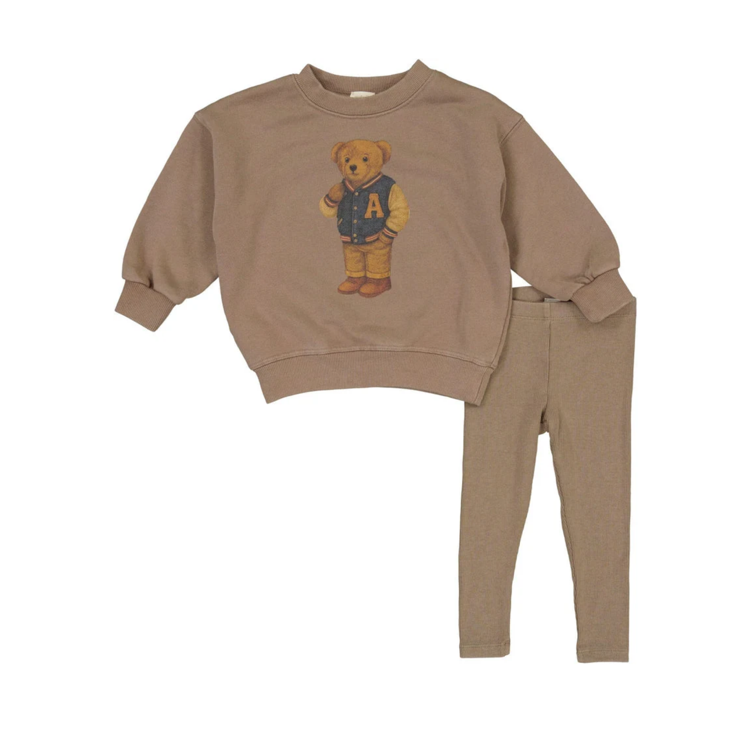 Analogie Washed Brown Varsity Bear Sweatshirt Set