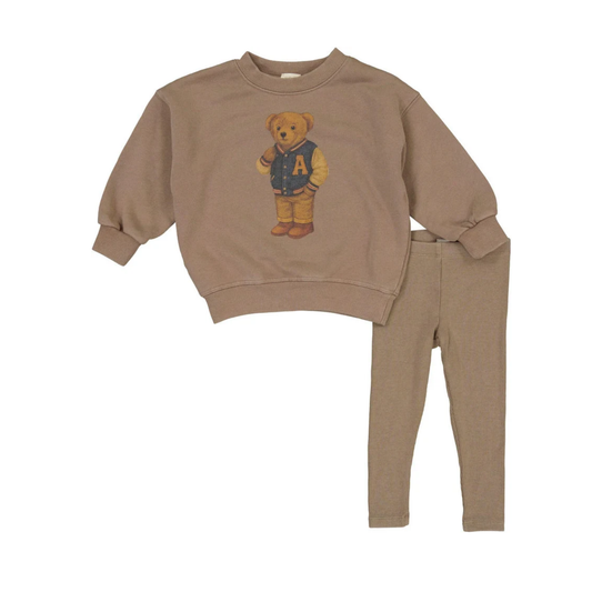 Analogie Washed Brown Varsity Bear Sweatshirt Set