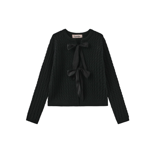 Tustello Black Bg Cable Knit Bow Closure Cardigan