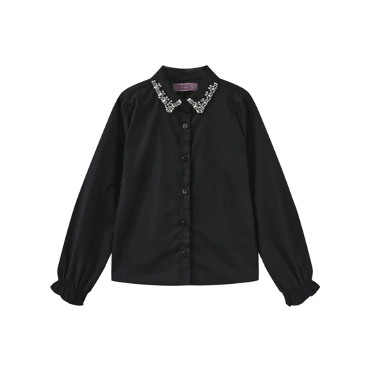 Mallory And Merlot Black Beaded Collared Trim Blouse
