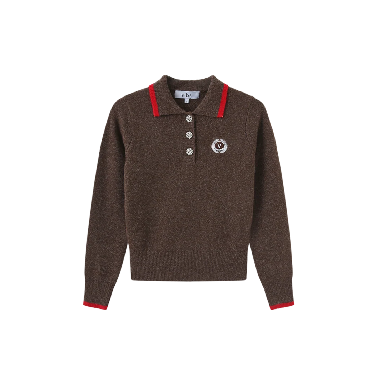Vibe Brown Knit Collared Crest Sweater