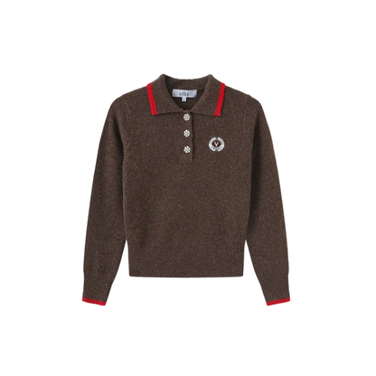 Vibe Brown Knit Collared Crest Sweater