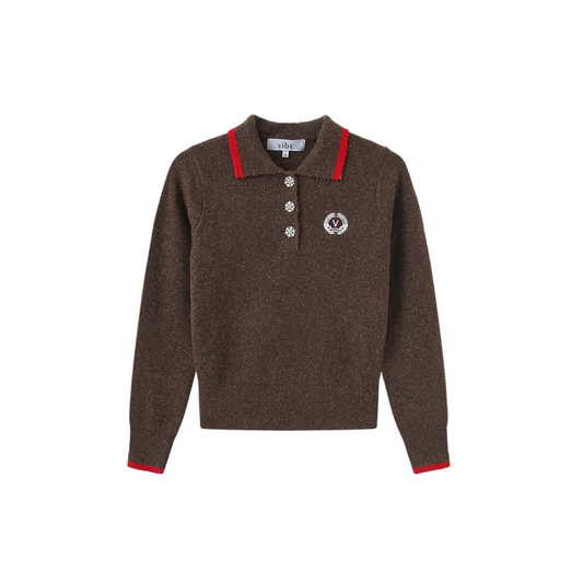 Vibe Brown Knit Collared Crest Sweater