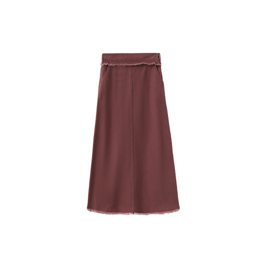Vibe Wine Denim Fringe Center Seam Skirt