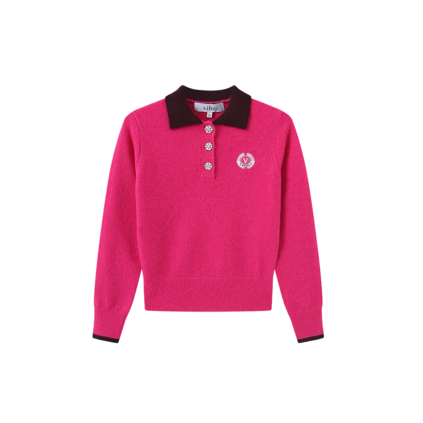 Vibe Pink Knit Collared Crest Sweater