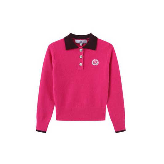 Vibe Pink Knit Collared Crest Sweater